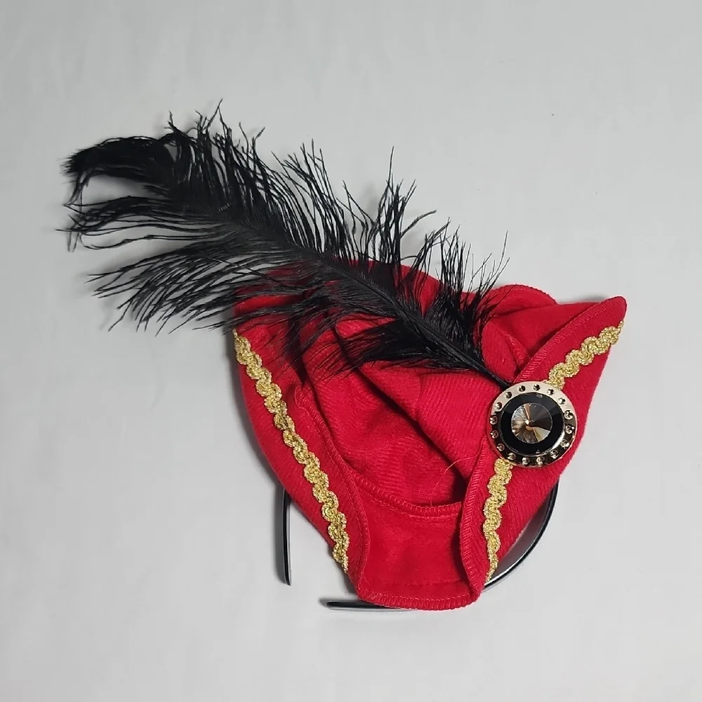Source Unknown Red Fascinator with Black Feather and Gold Accents